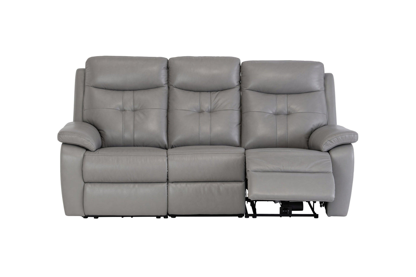 Grey leather reclining sofa with three seats and extended leg rest, front view