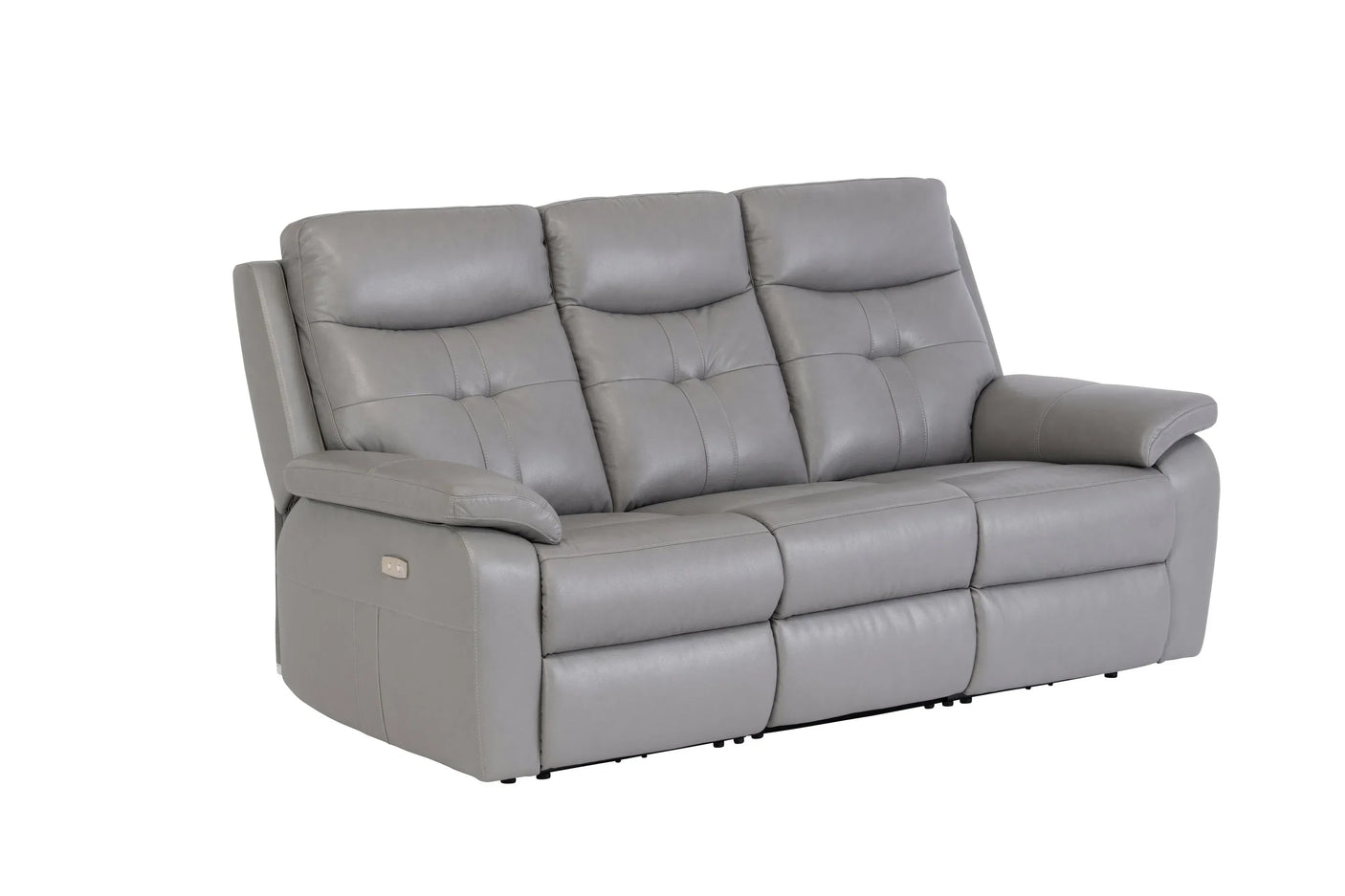 Grey leather three seater recliner sofa with padded arms and tufted backrest
