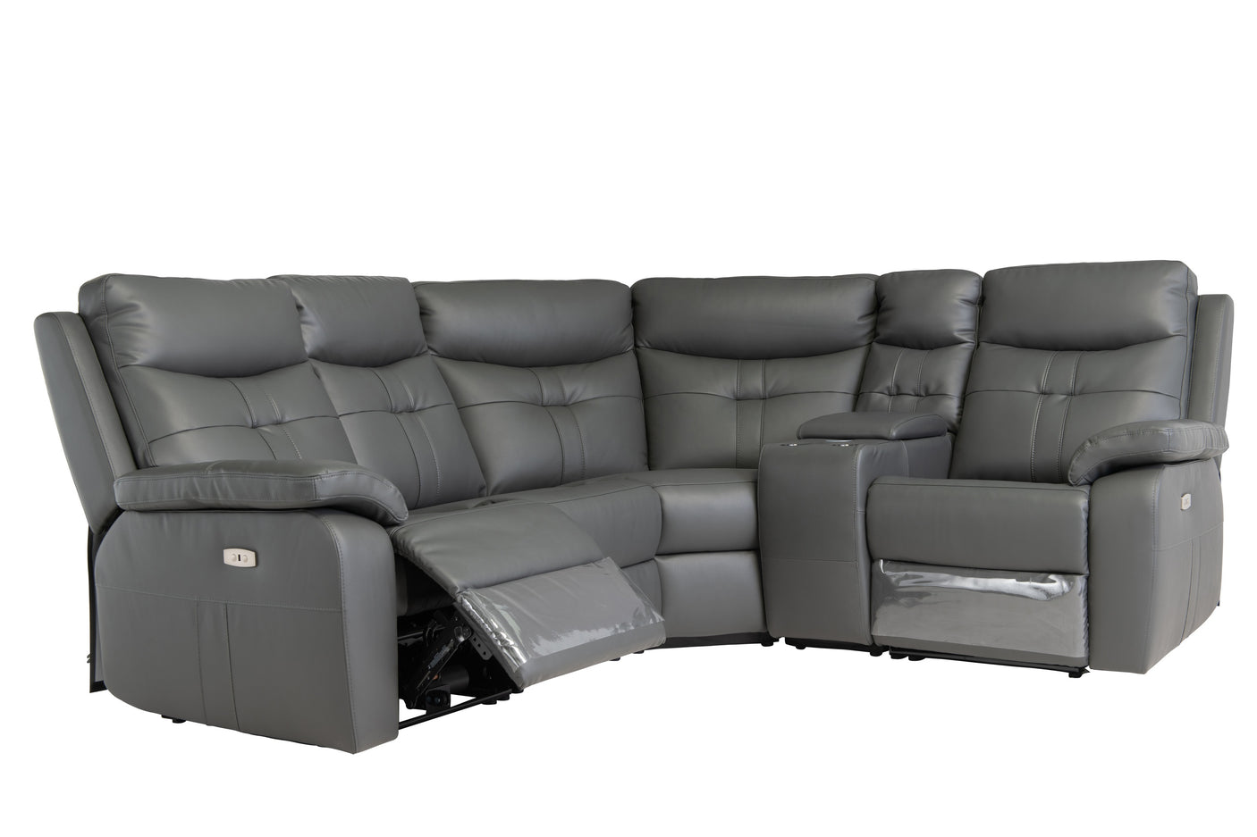 Charcoal Leather Console Table with Cup Holders & Hands-Free Charging