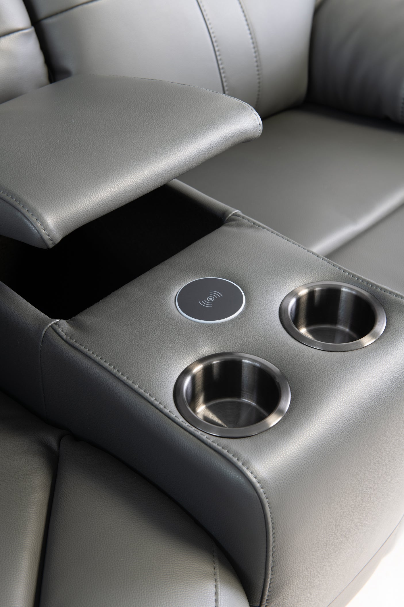 Charcoal Leather Console Table with Cup Holders & Hands-Free Charging