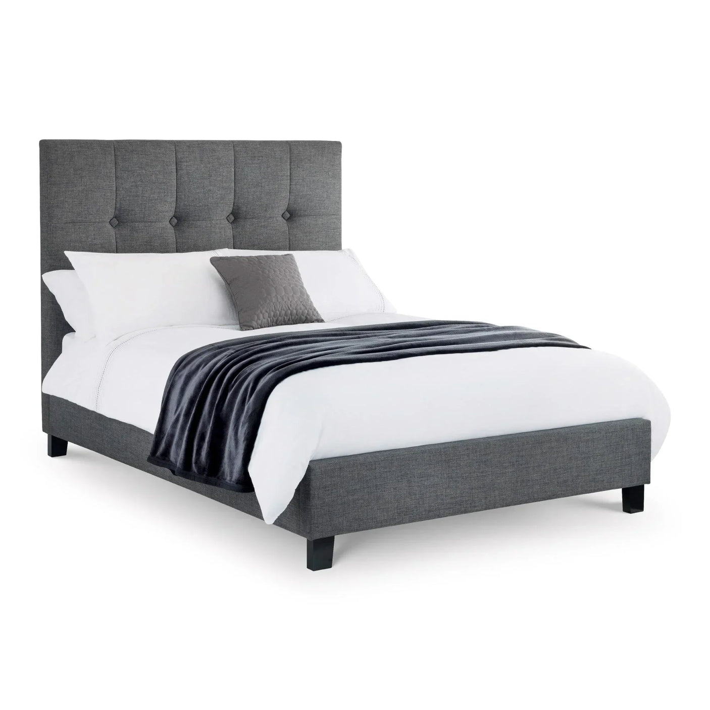 Sorrento linen king bed in slate with tufted headboard and white bedding, angled view
