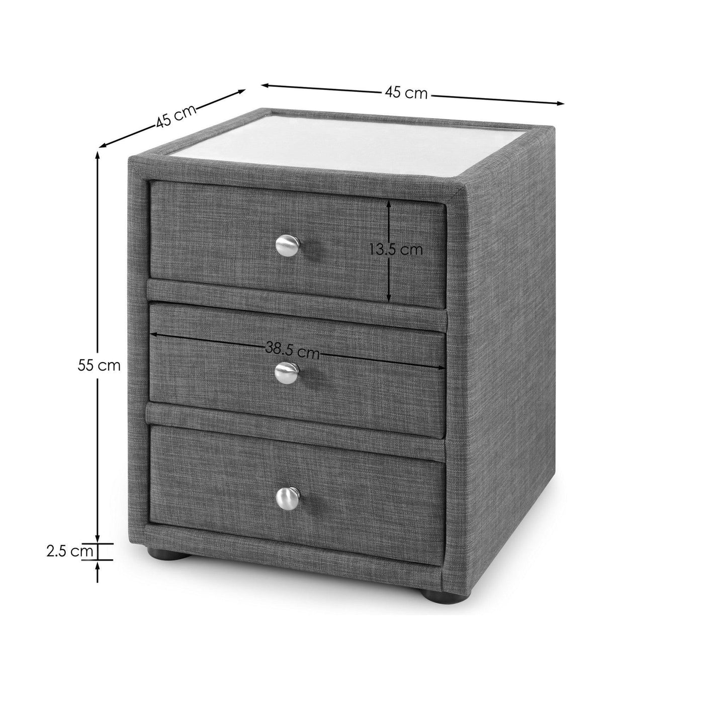 Grey fabric bedside cabinet with three drawers and visible dimensions in centimeters