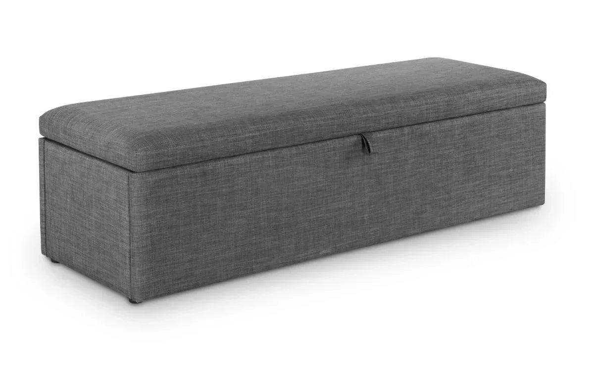 Grey upholstered storage bench with hinged lid and fabric handle, angled front view