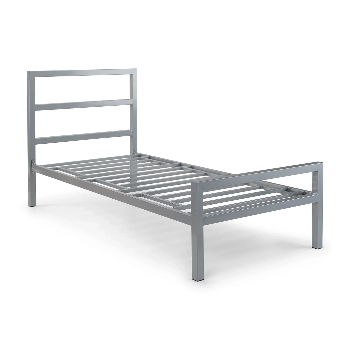Single silver metal bed frame with slatted base and minimalist headboard on white background