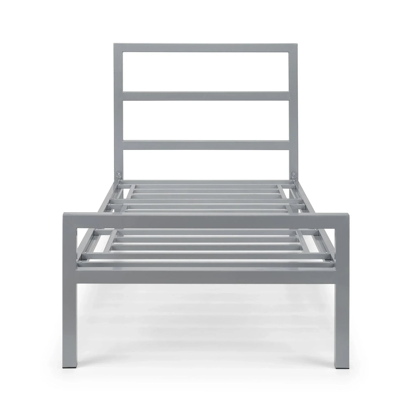 Single grey metal bed frame with slatted base and minimalist headboard, front view