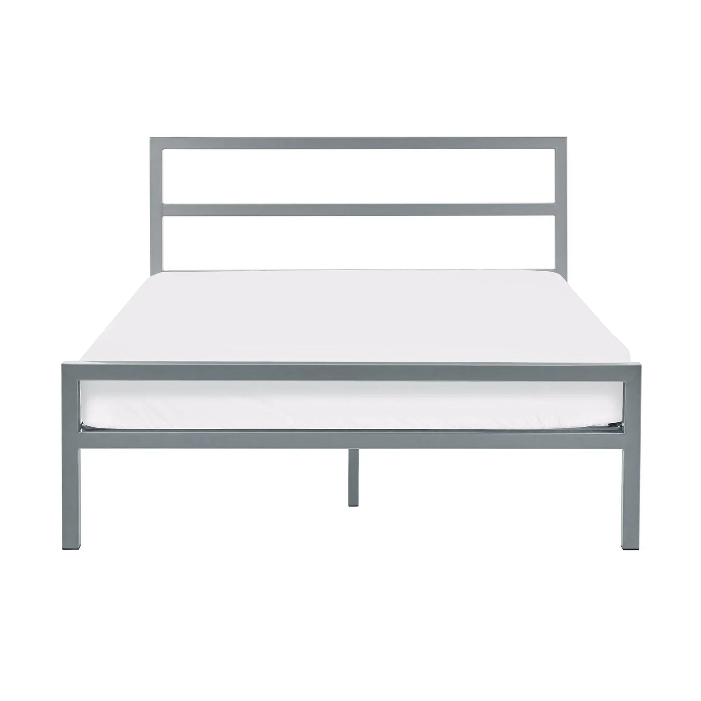 Grey metal bed frame with minimalist headboard and white mattress front view