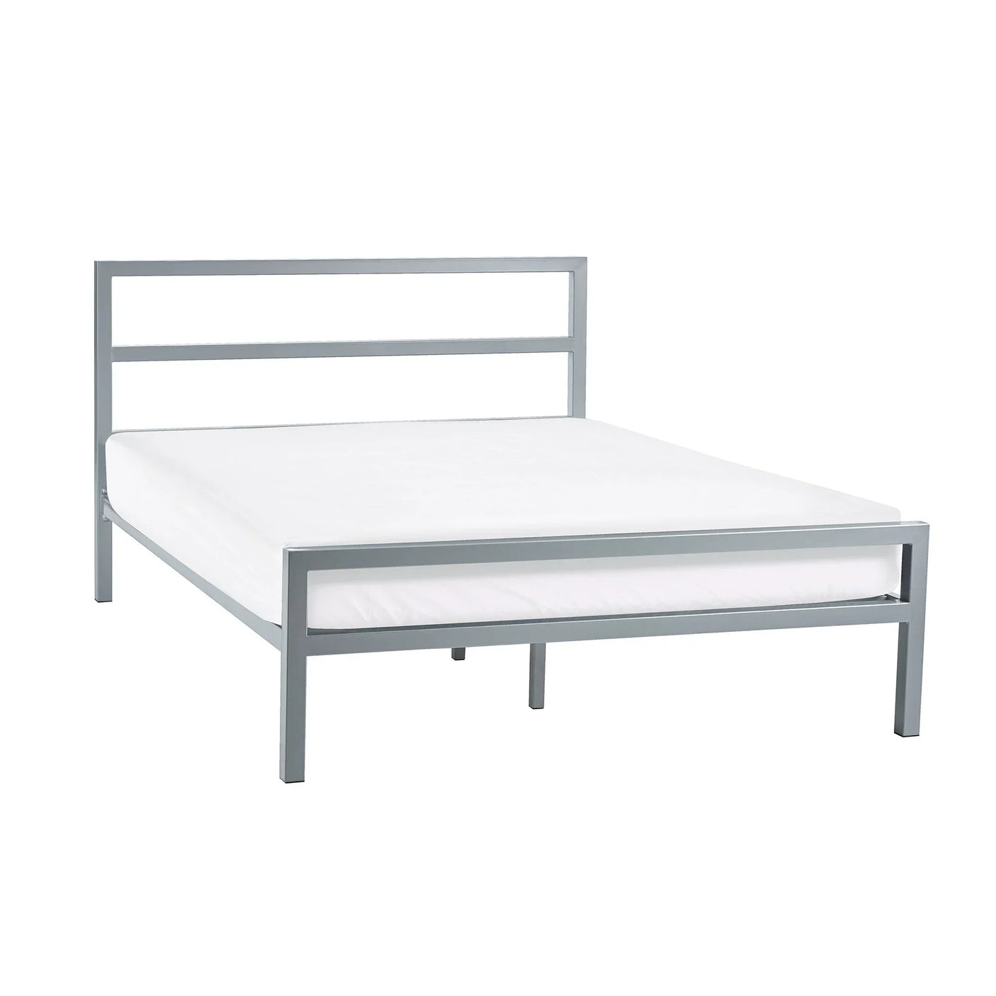 Silver metal bed frame with horizontal slat headboard and white mattress, front angle view
