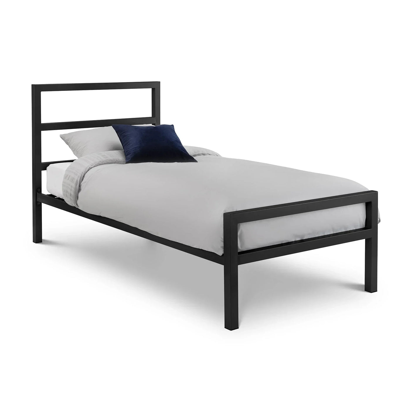 Black metal single bed frame with white bedding and navy accent pillow