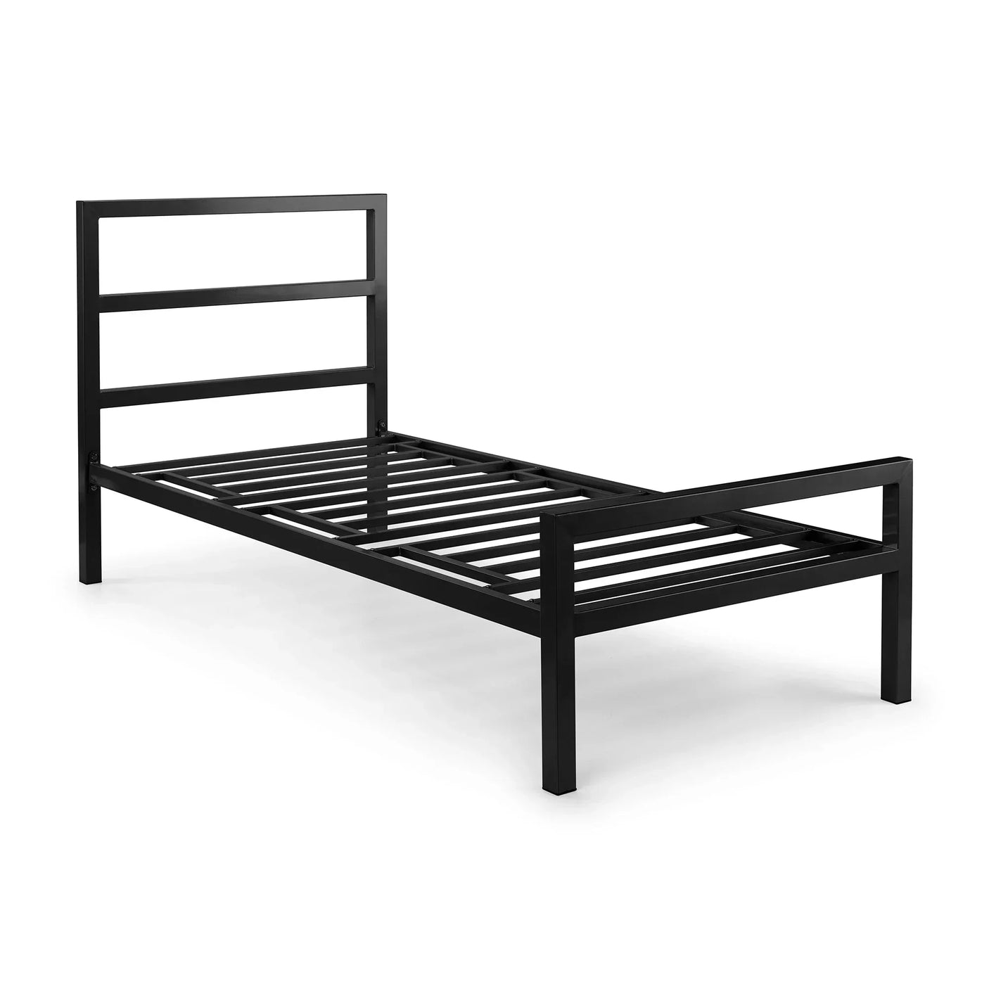 Black metal single bed frame with slatted base and minimalist headboard design