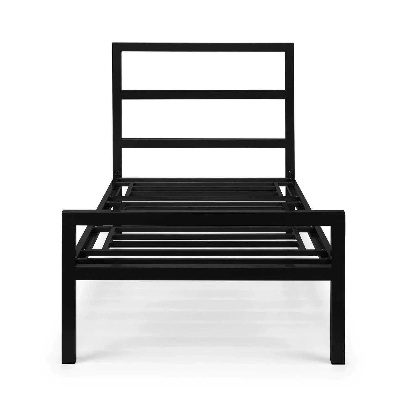 Black metal bed frame with slatted base and rectangular headboard, front view