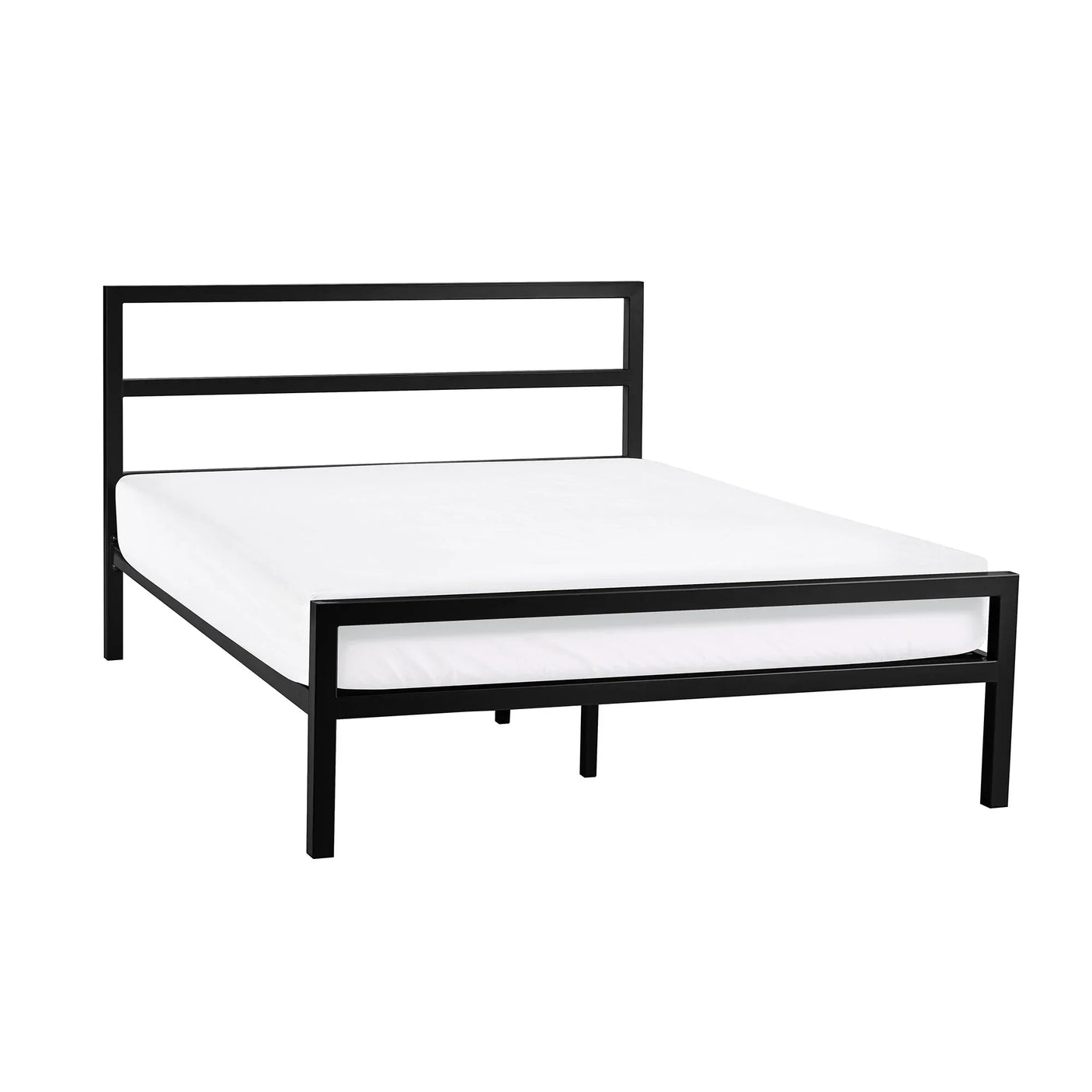 Black metal bed frame with simple headboard and white mattress, side angle view