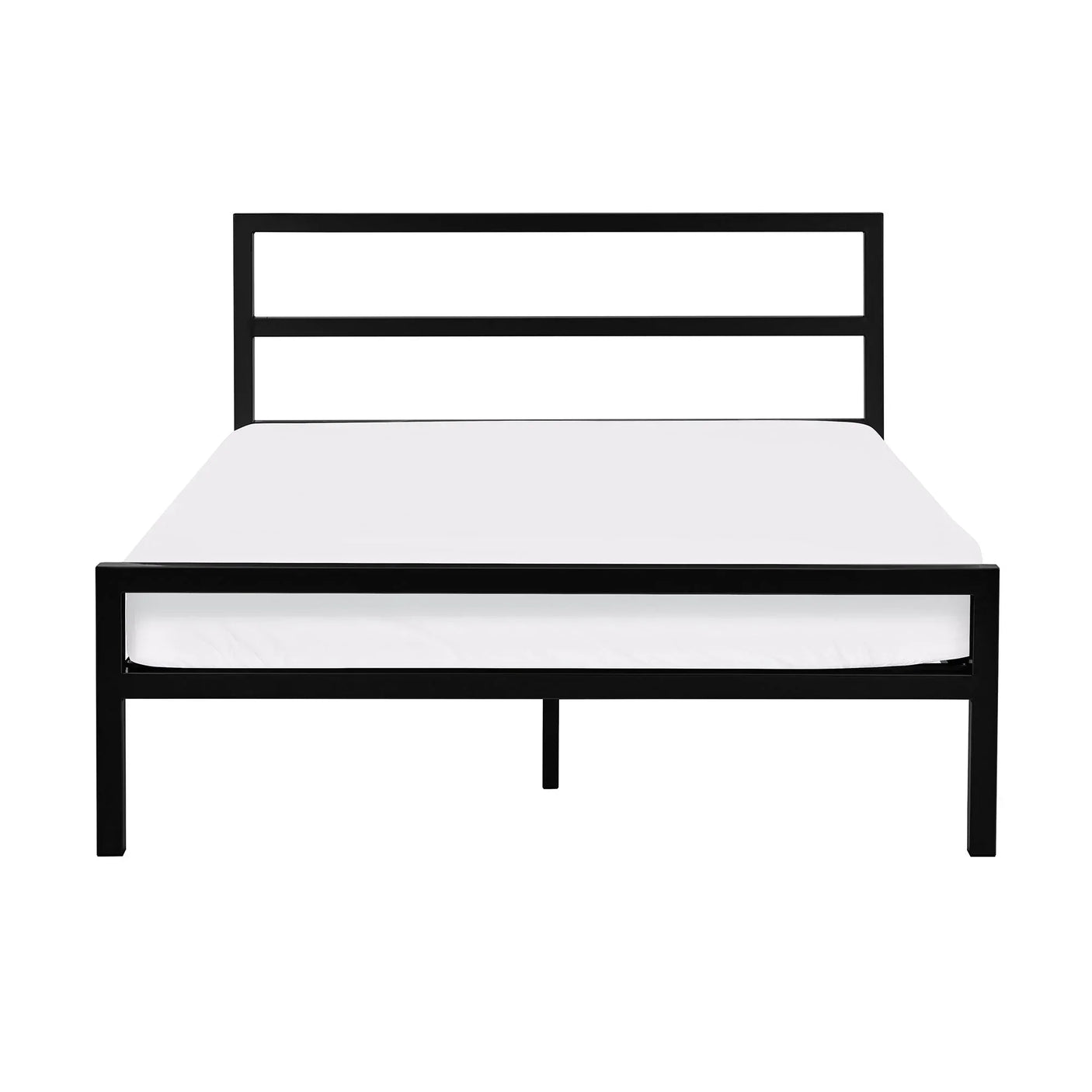 Black metal bed frame with minimalist headboard and white mattress, front view