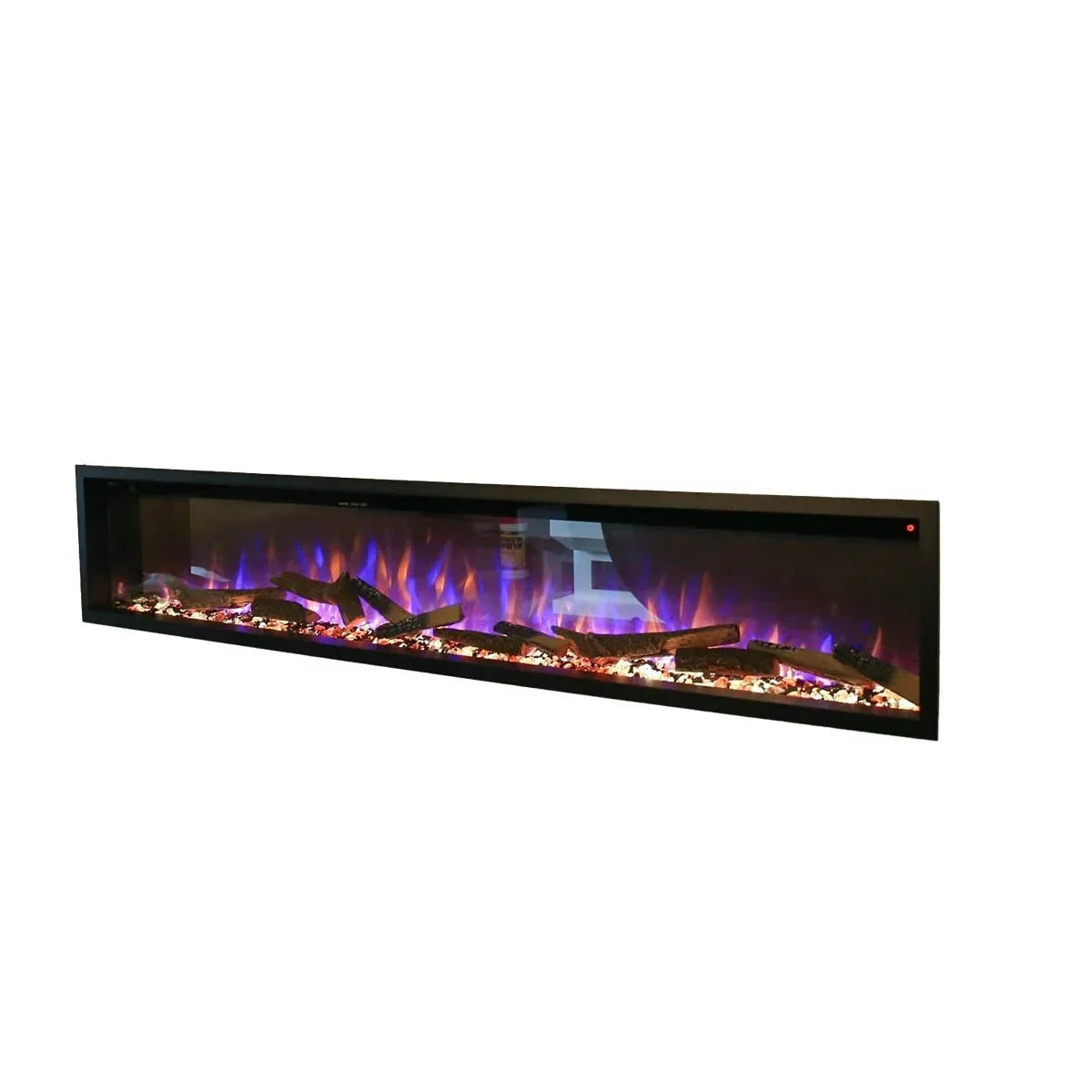 Wall mounted electric fire with black frame and multicolour LED flame effect