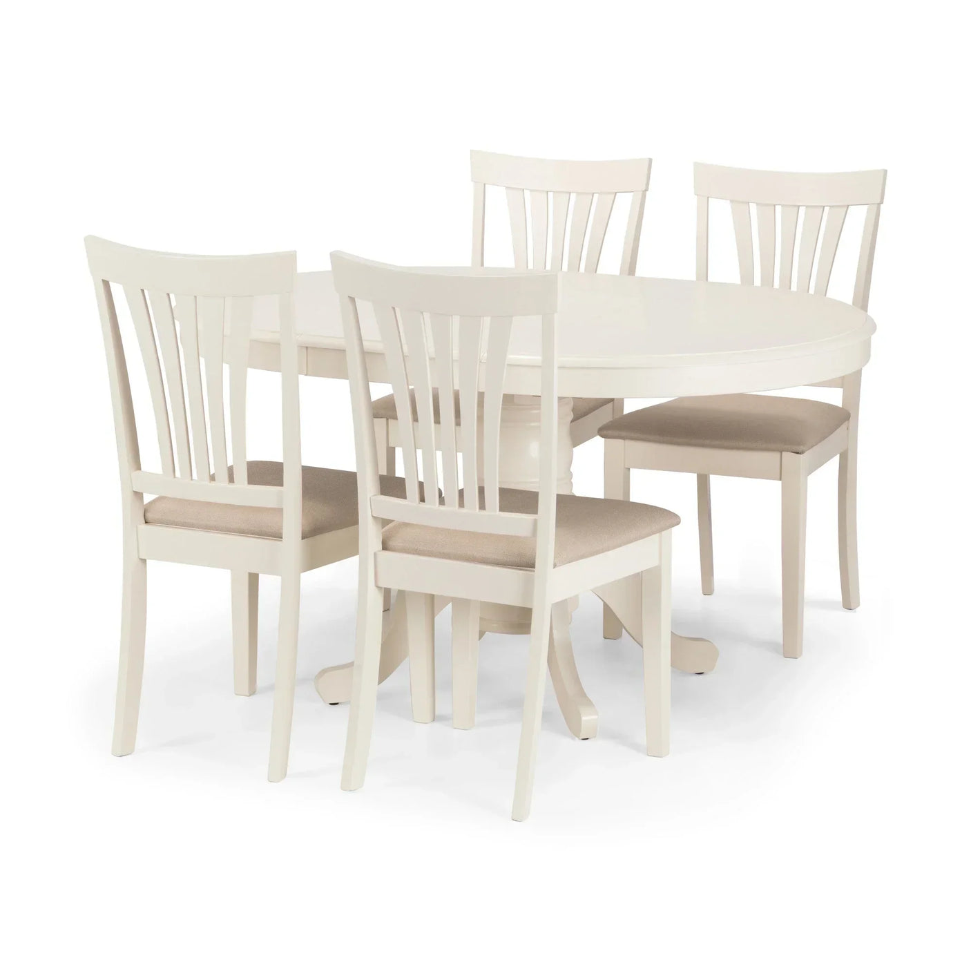 Cream wood dining table set with four cushioned chairs and pedestal base