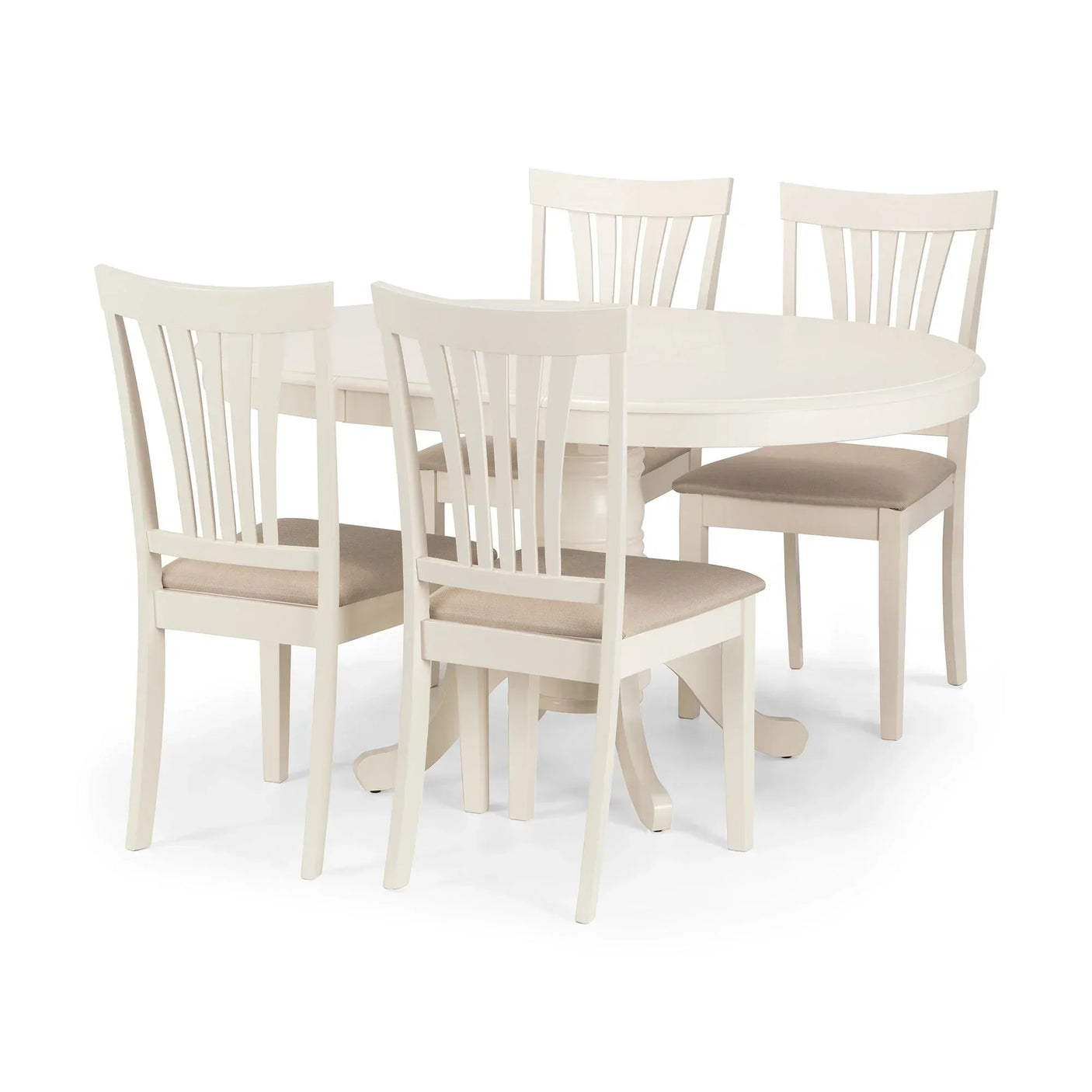 Ivory dining table set with four matching chairs featuring beige cushioned seats