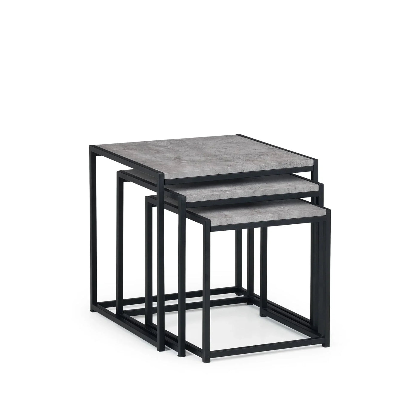 Concrete effect nesting tables with black metal frames, set of three stacked together