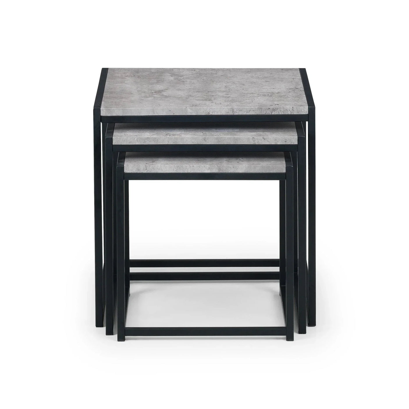 Set of three nesting tables with concrete effect tops and black metal frames, front view