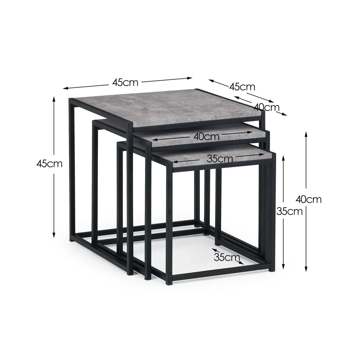 Set of three nesting tables with black metal frames and grey tops, size measurements shown
