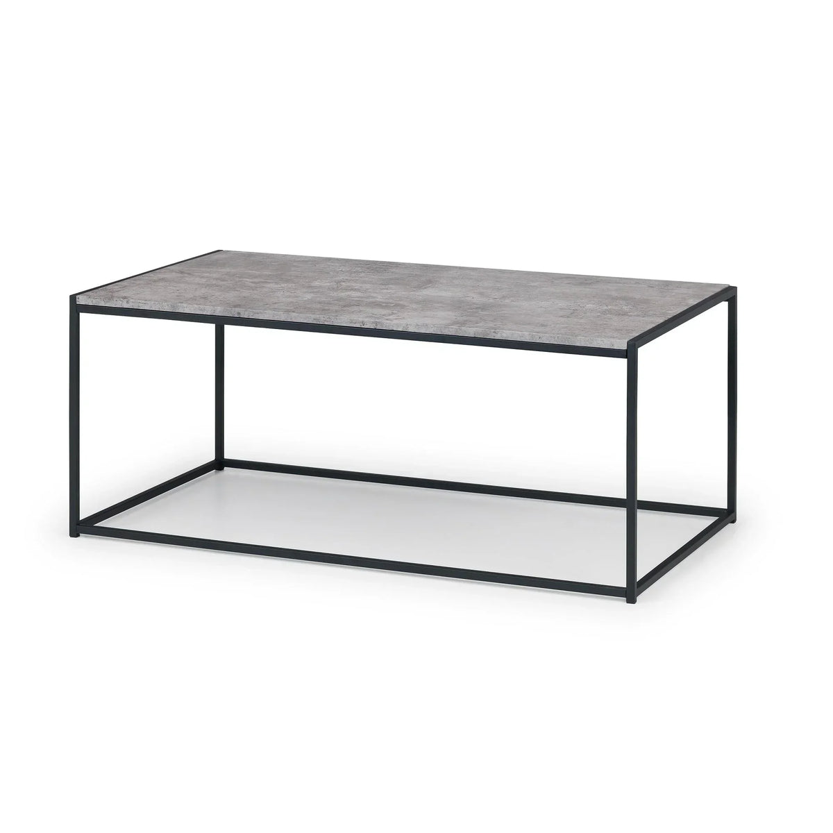 Rectangular coffee table with grey concrete top and black metal frame, front angle view
