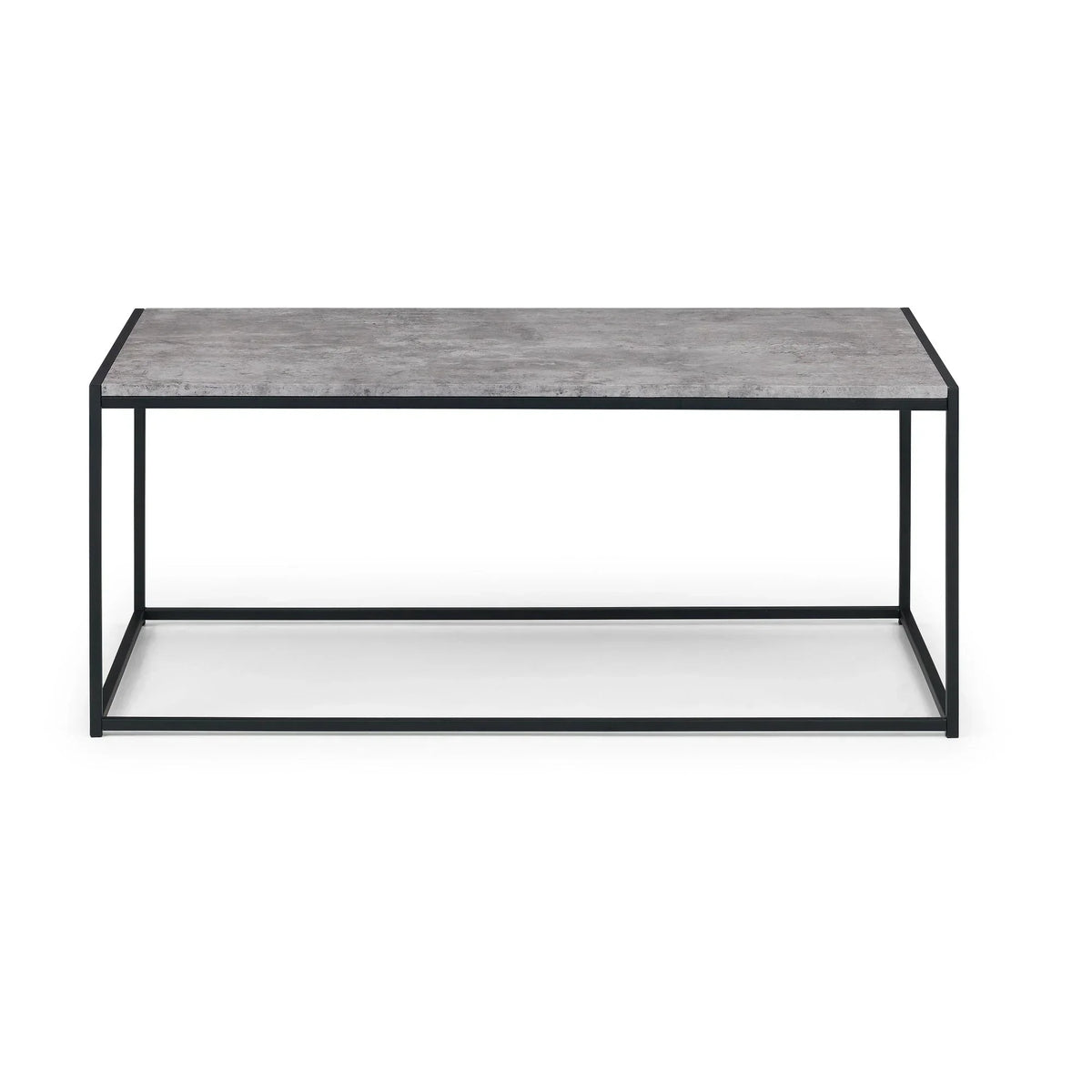 Rectangular coffee table with grey concrete top and black metal frame, front view