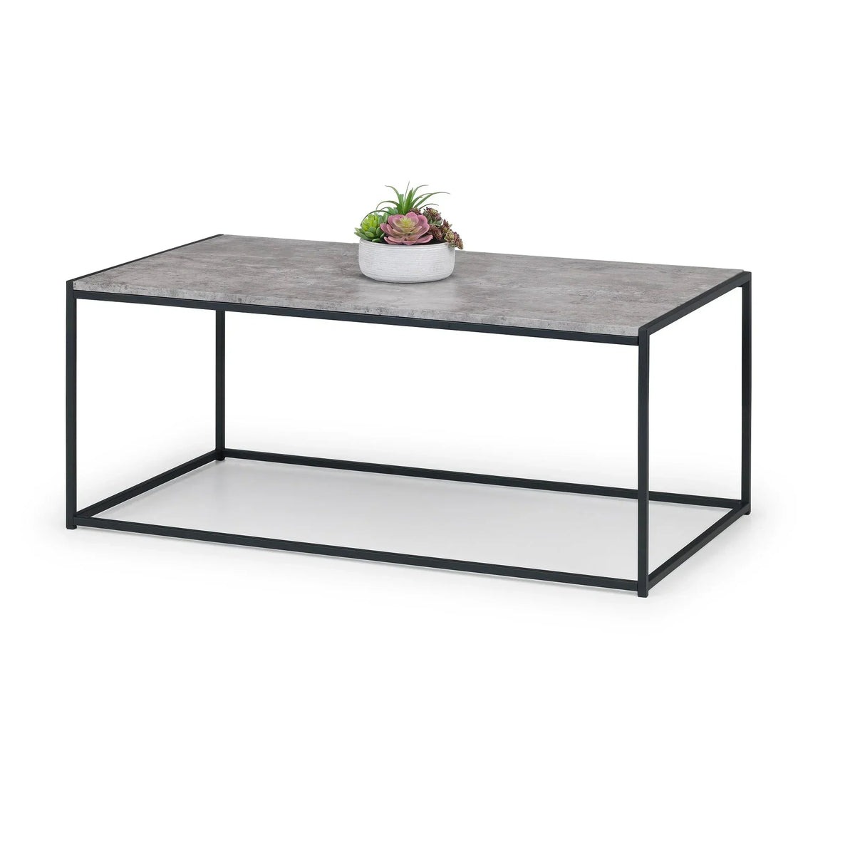 Rectangular coffee table with concrete-effect top and black metal frame, small plant decor