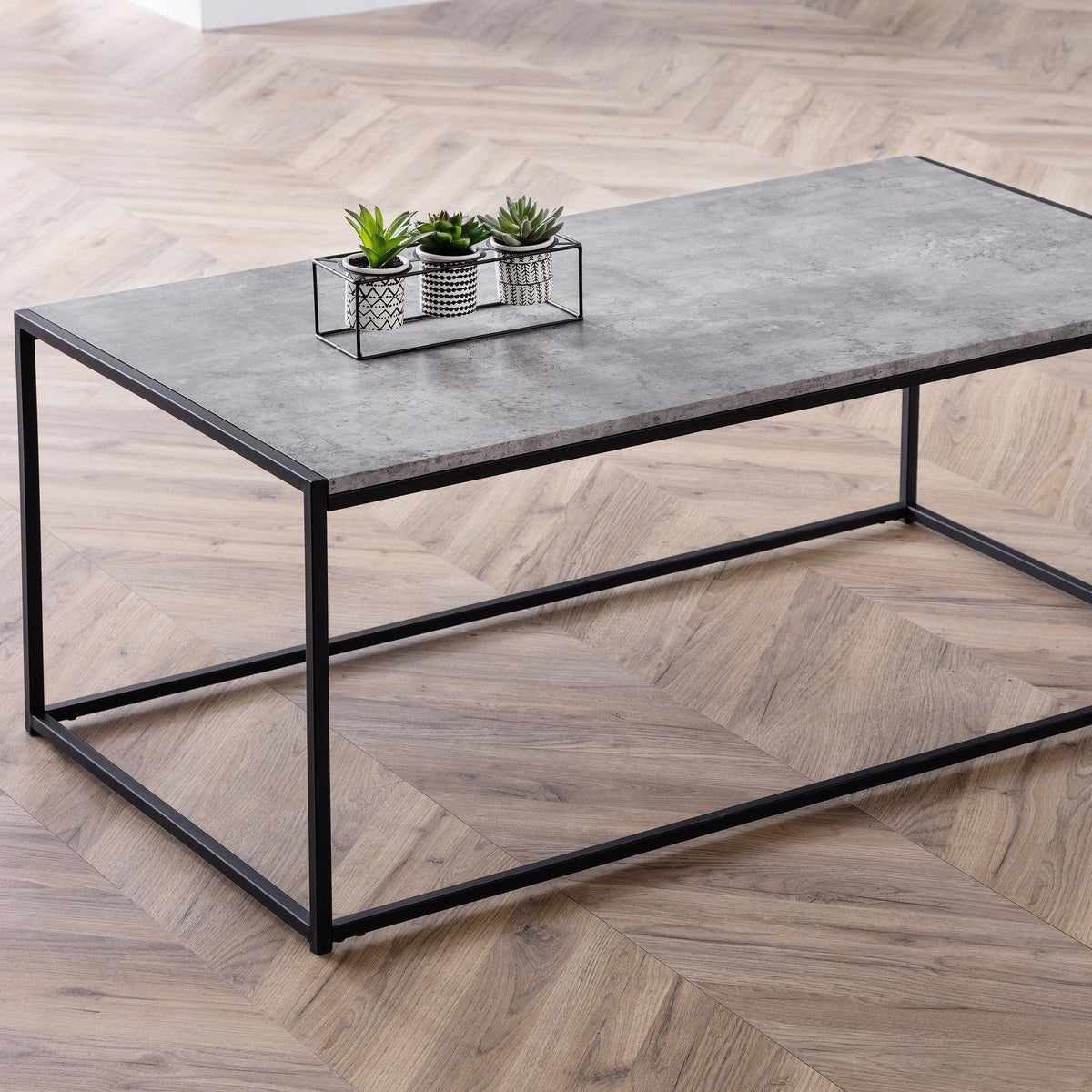 Rectangular grey coffee table with black metal frame and succulents on herringbone wood floor