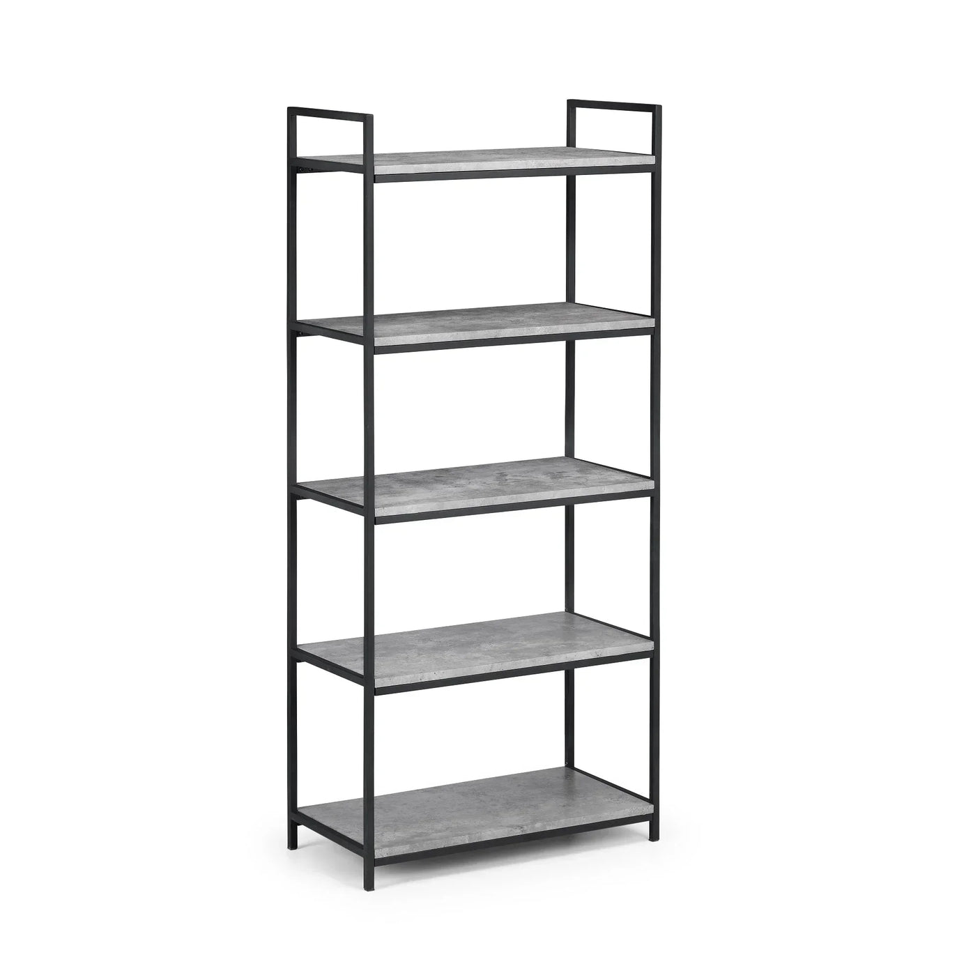 Tall bookcase with black metal frame and five grey wood shelves, freestanding design