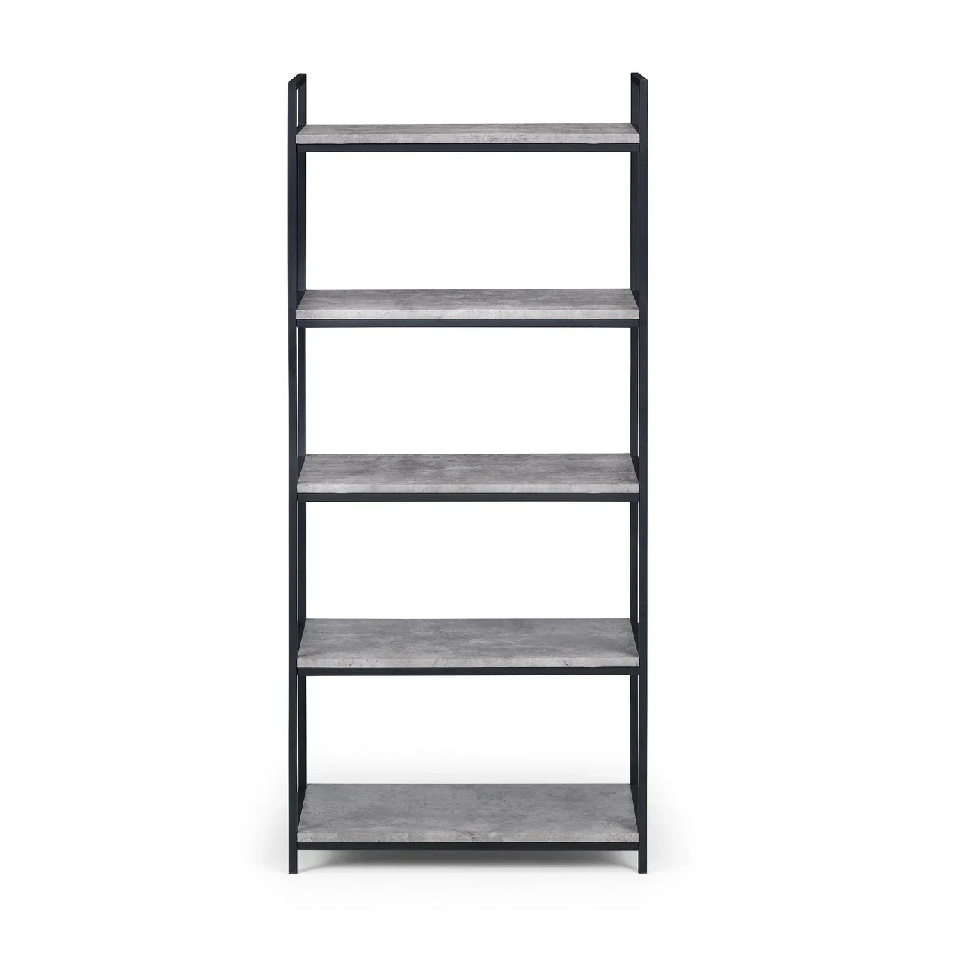 Tall bookcase with black metal frame and five grey shelves, front view