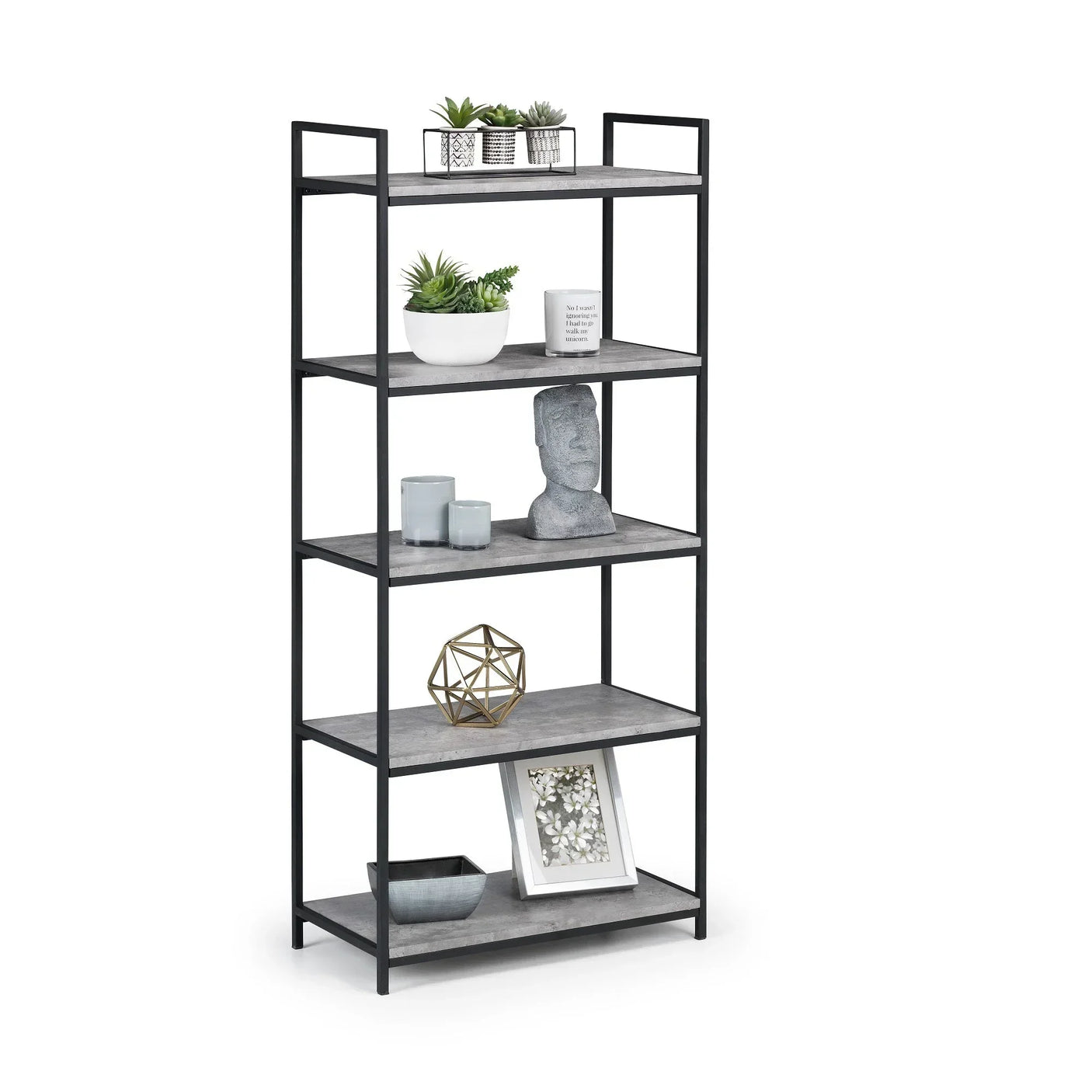 Grey tall bookcase with black metal frame, five shelves styled with decor accents