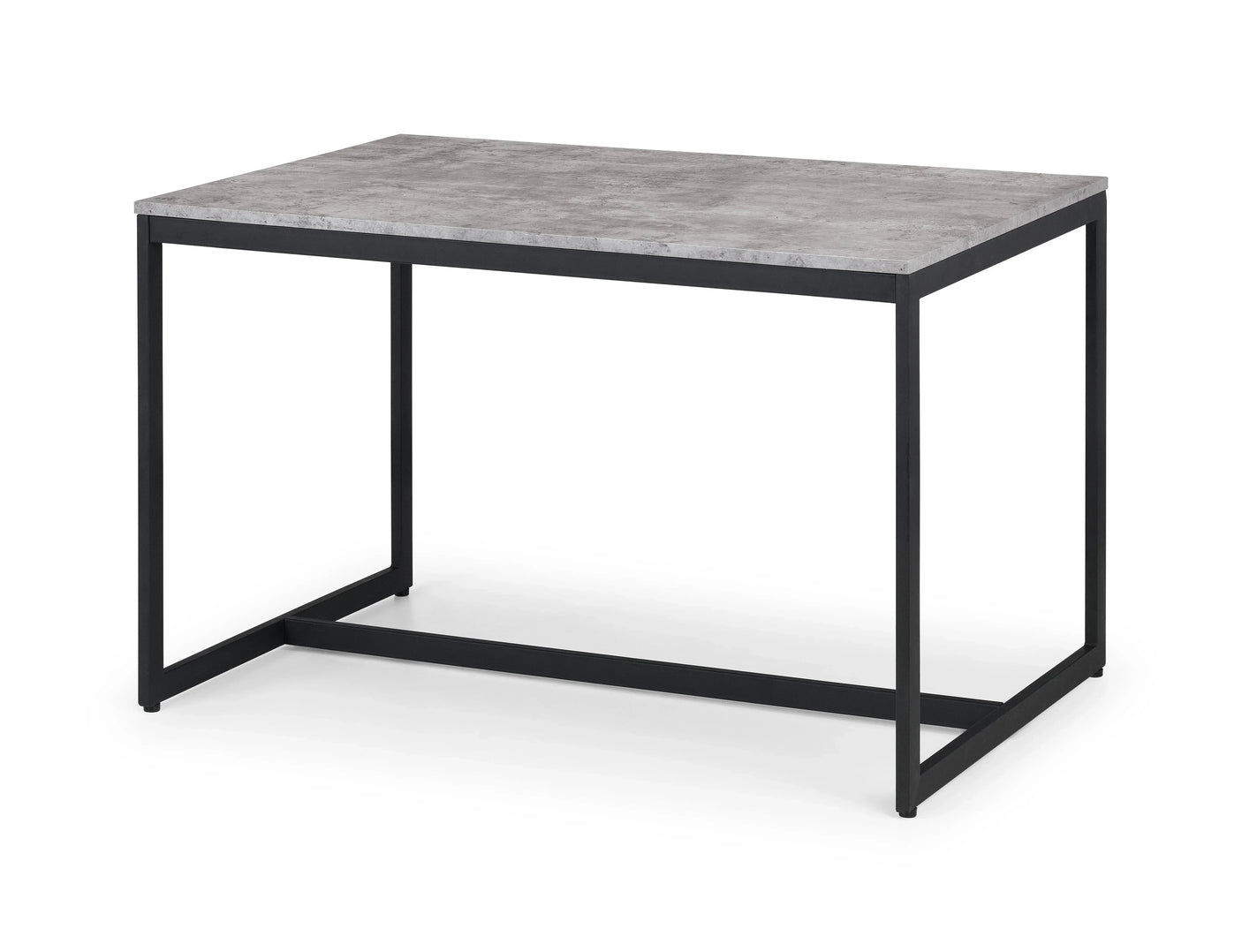 Rectangular dining table with grey stone-effect top and black metal frame on white background