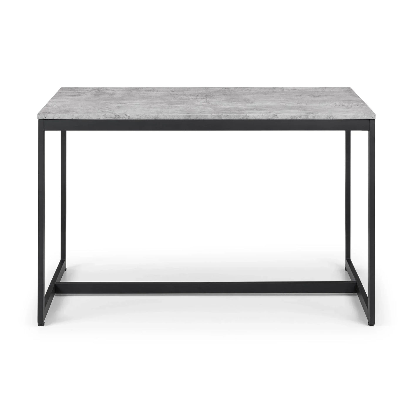 Rectangular dining table with grey concrete-effect top and black metal frame, front view