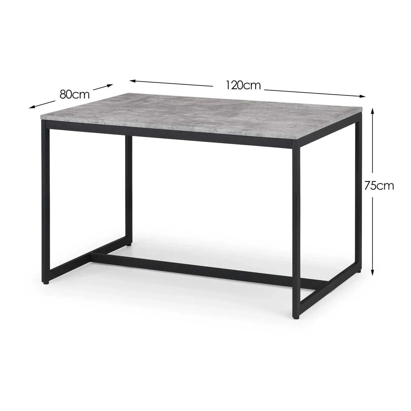 Rectangular dining table with concrete effect top and black metal frame, dimensions shown