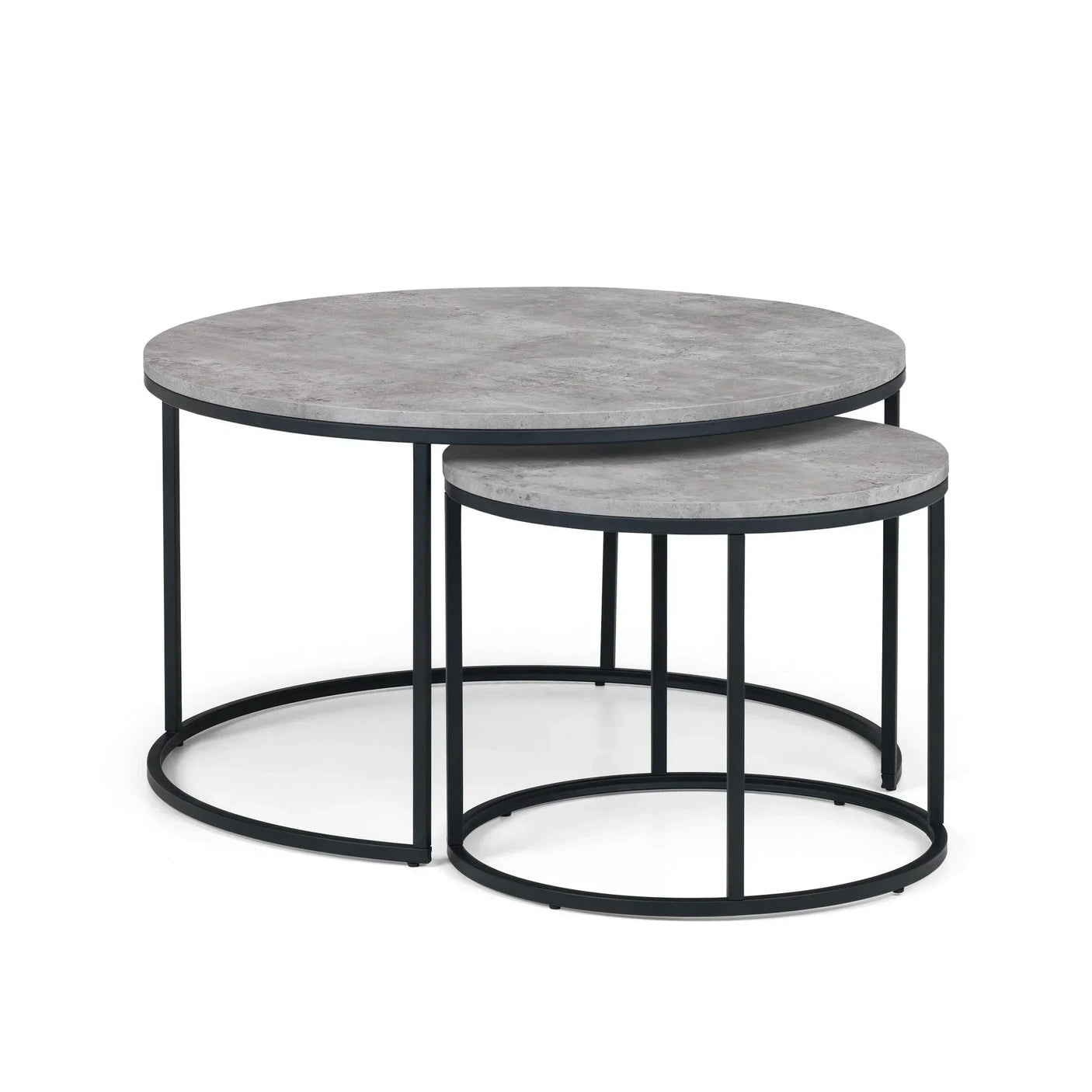Round nesting coffee tables with grey tops and black metal frames against white background