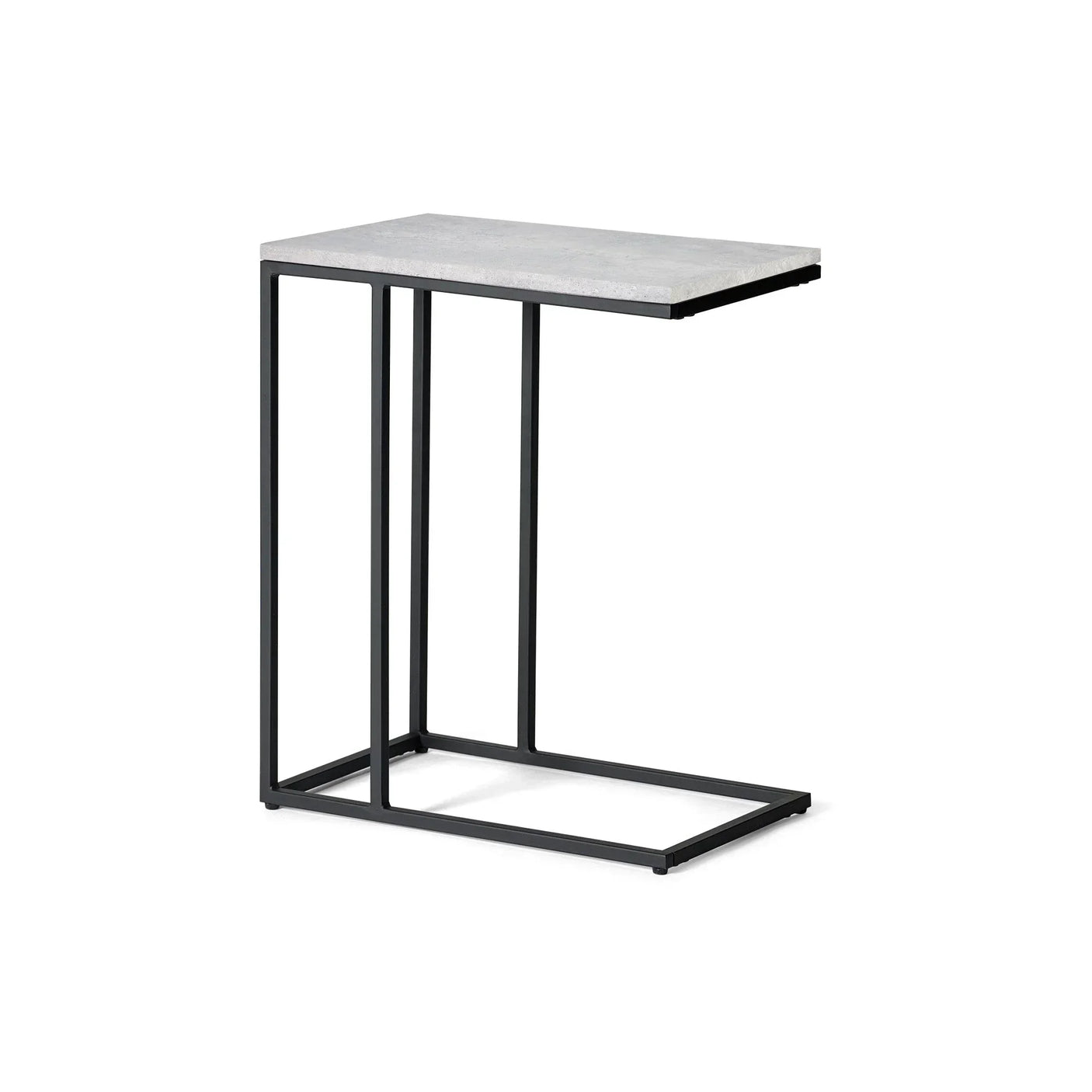 Modern side table with concrete top and black metal frame, C-shaped for sofa use