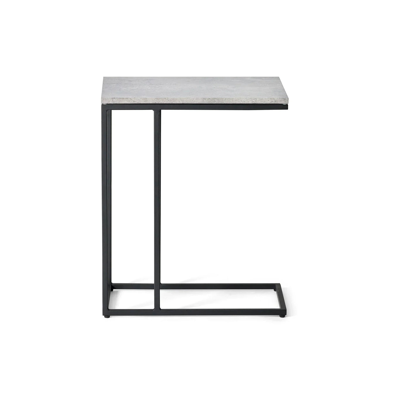 Concrete top side table with black metal frame, modern C-shaped design, side view