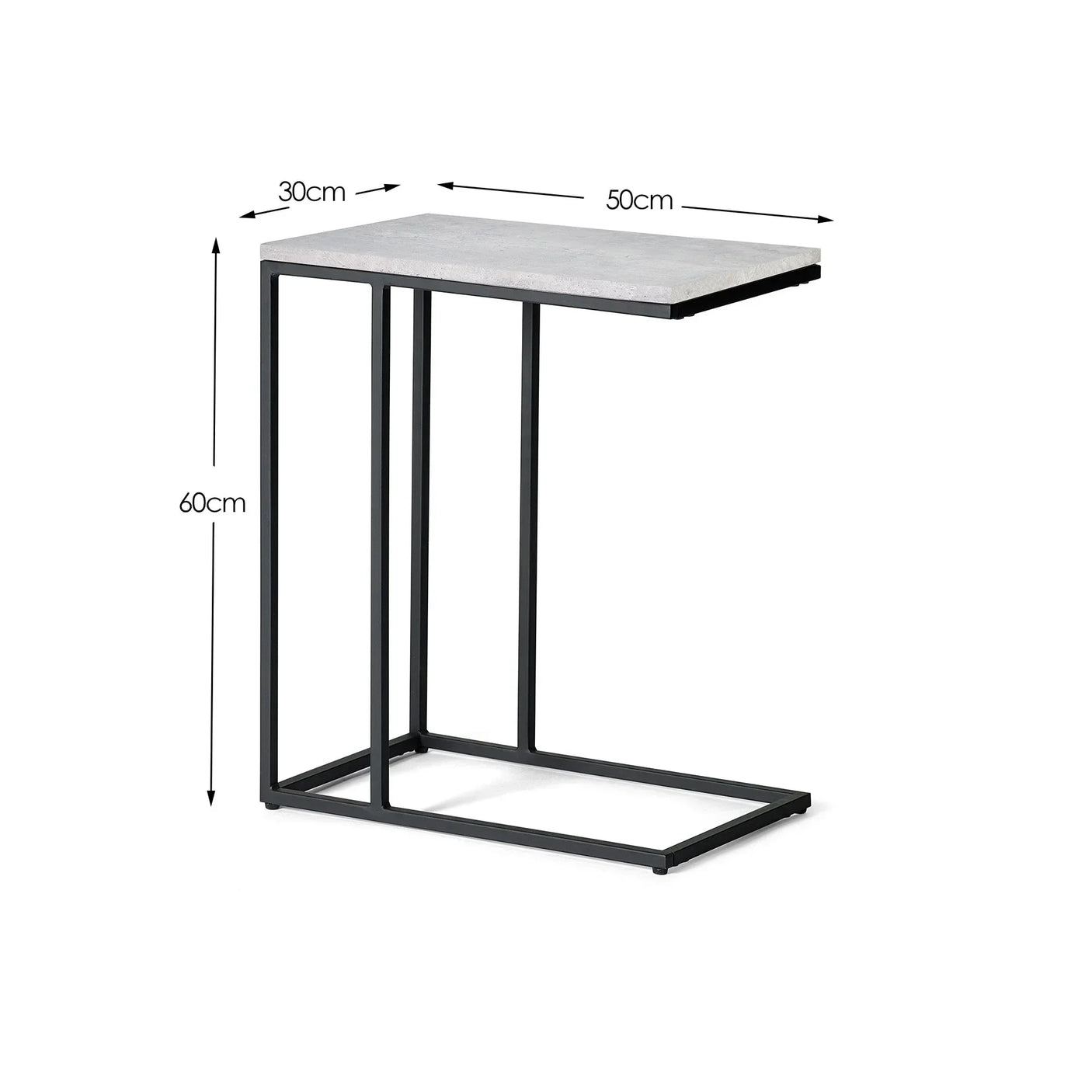 Rectangular side table with black metal frame and grey top, measurements labeled 60x50x30cm