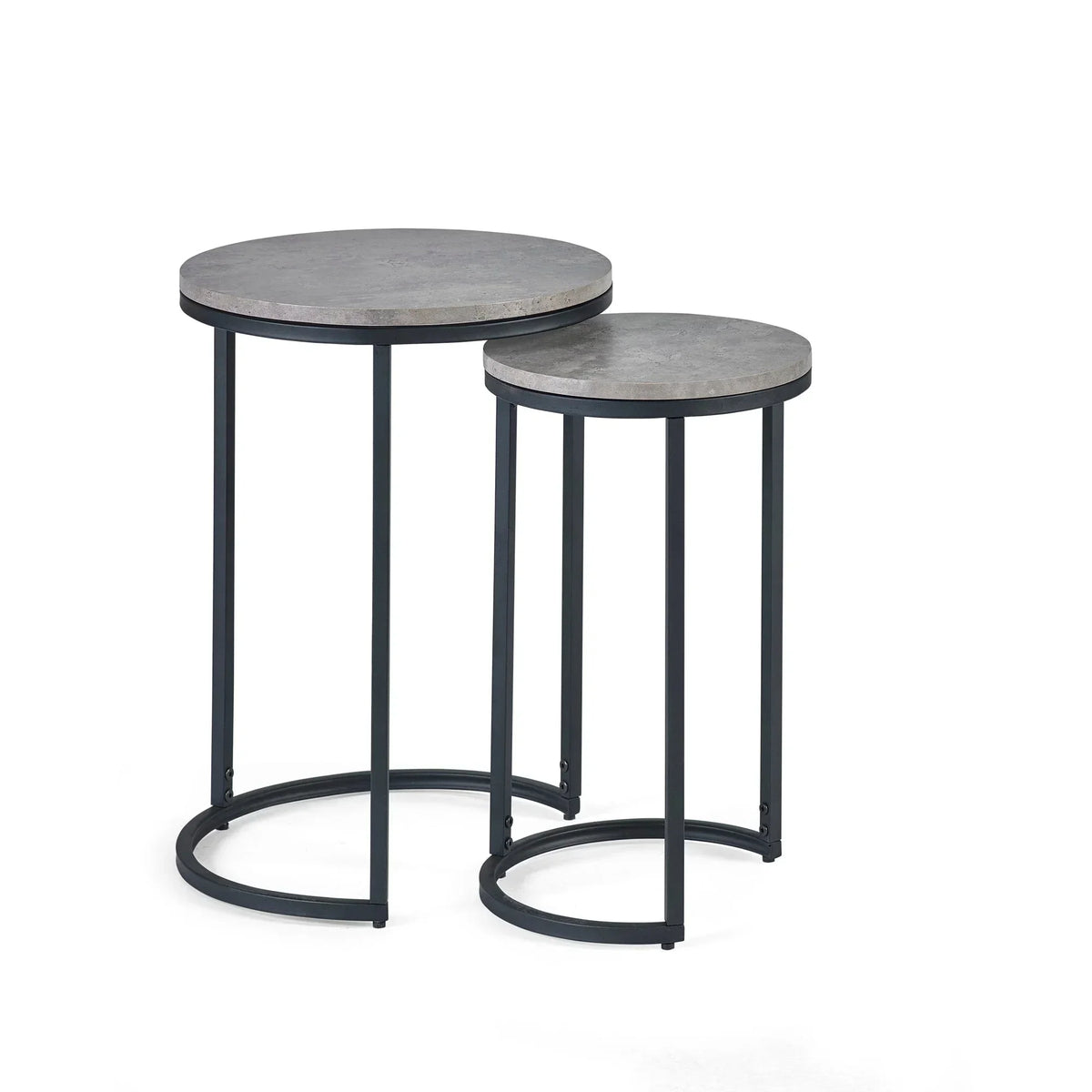 Set of two round nesting tables with grey tops and black metal legs