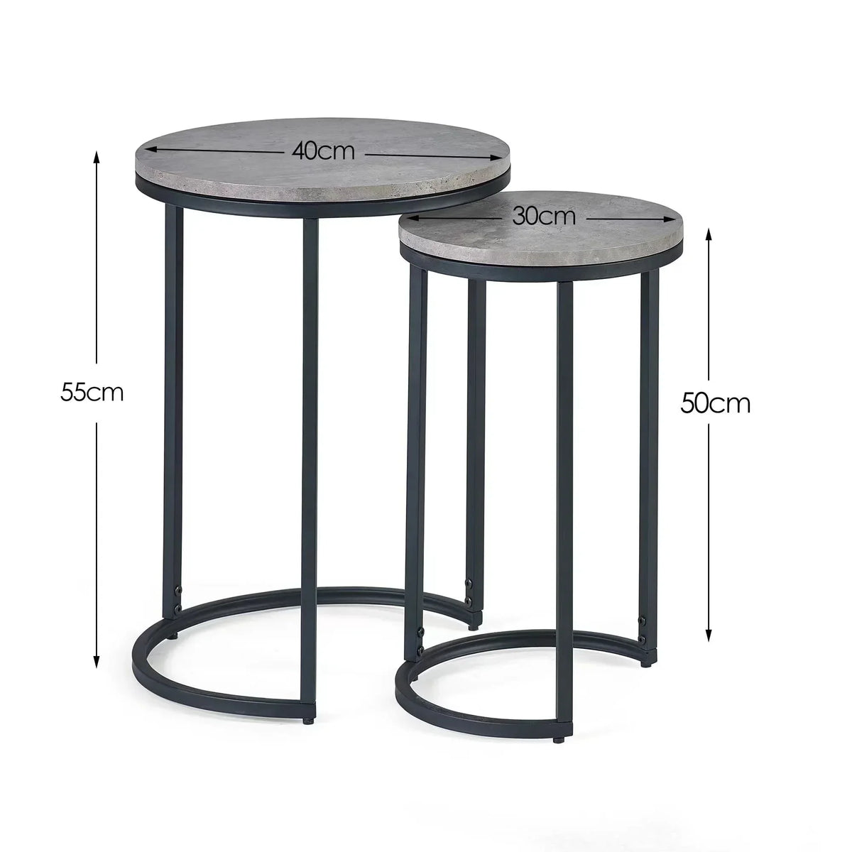 Round nesting side tables with black metal frame and grey tops, 40cm and 30cm diameter