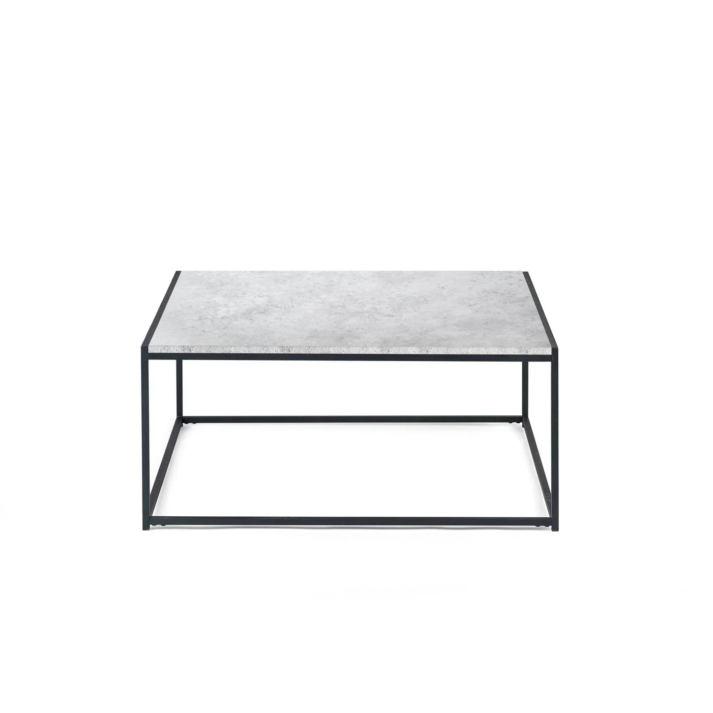 Rectangular coffee table with light grey stone top and black metal frame, front view