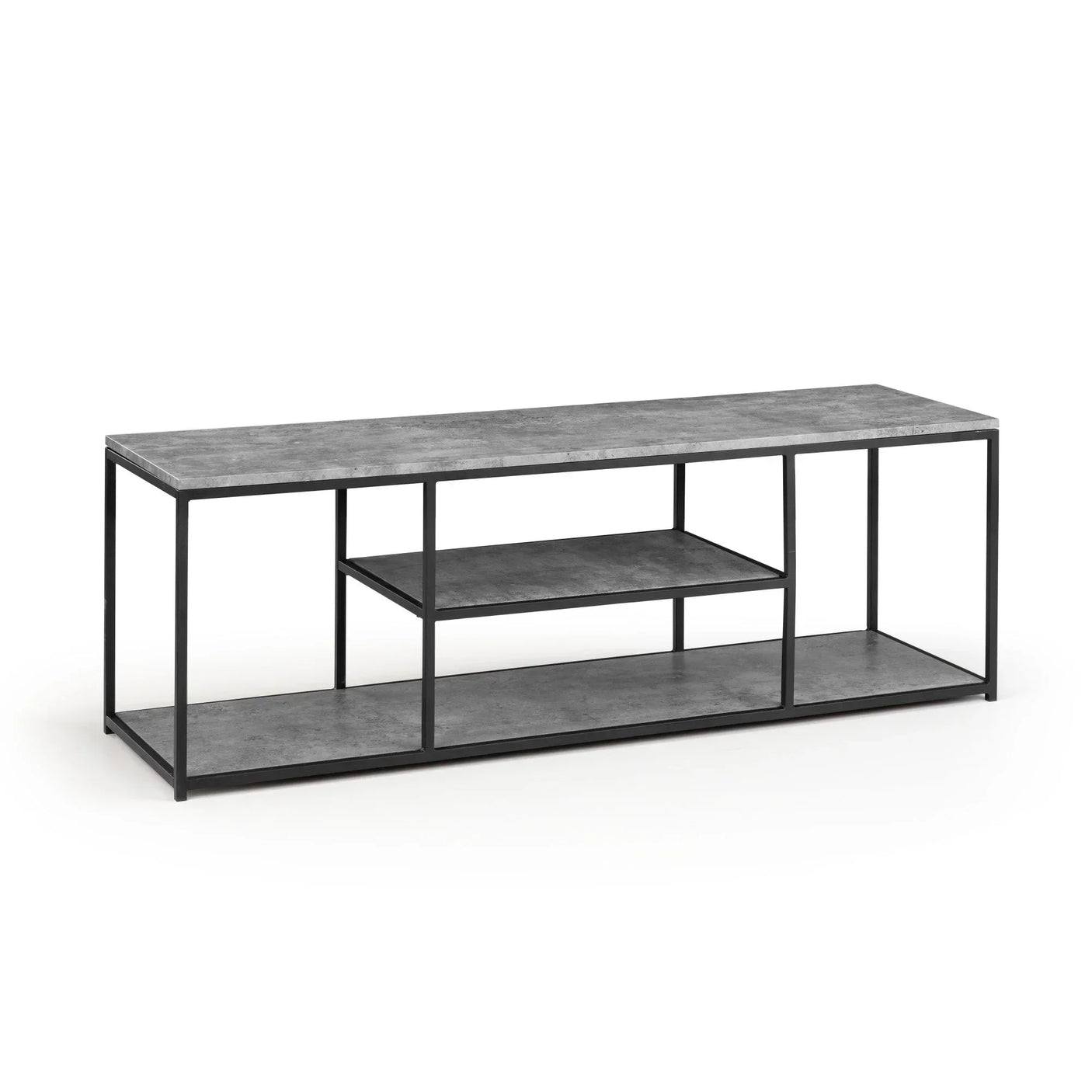 Industrial TV stand with grey concrete-effect shelves and black metal frame, front view