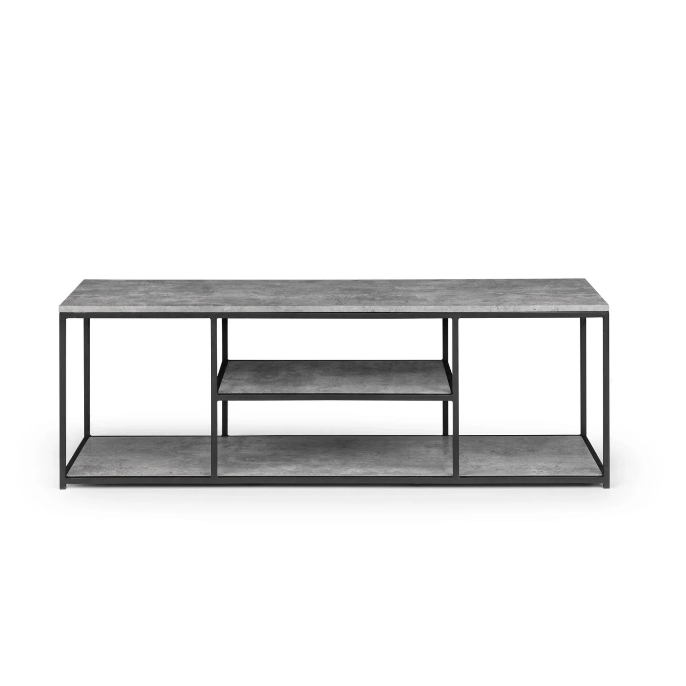 Concrete effect TV unit with black metal frame and open shelves, front view