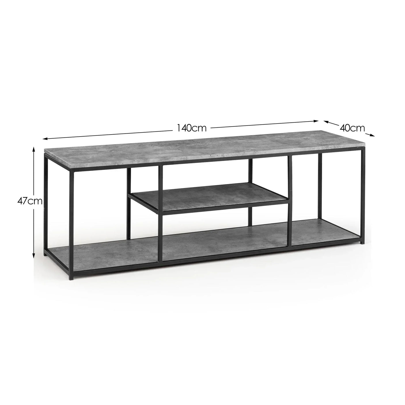 Concrete effect TV stand with black metal frame, open shelving, and dimensions labeled