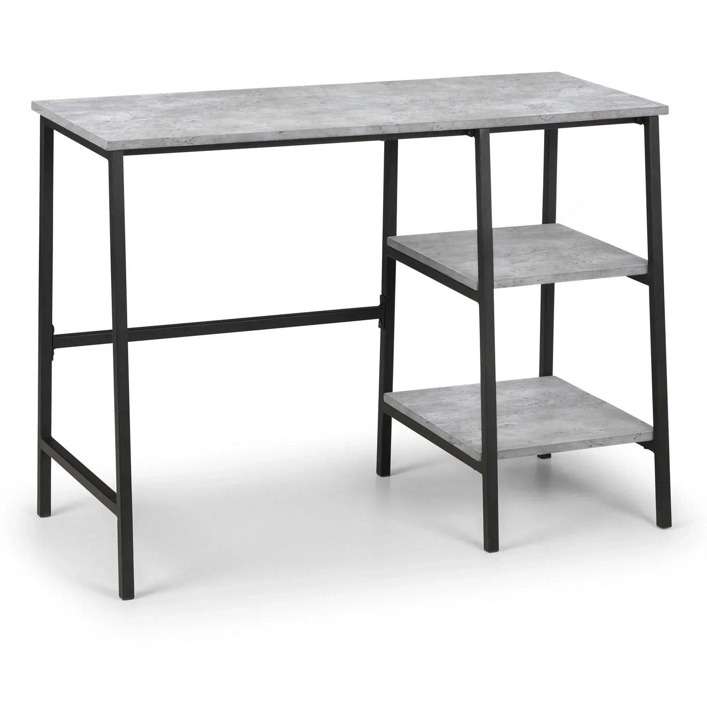 Concrete effect desk with black metal frame and two side shelves