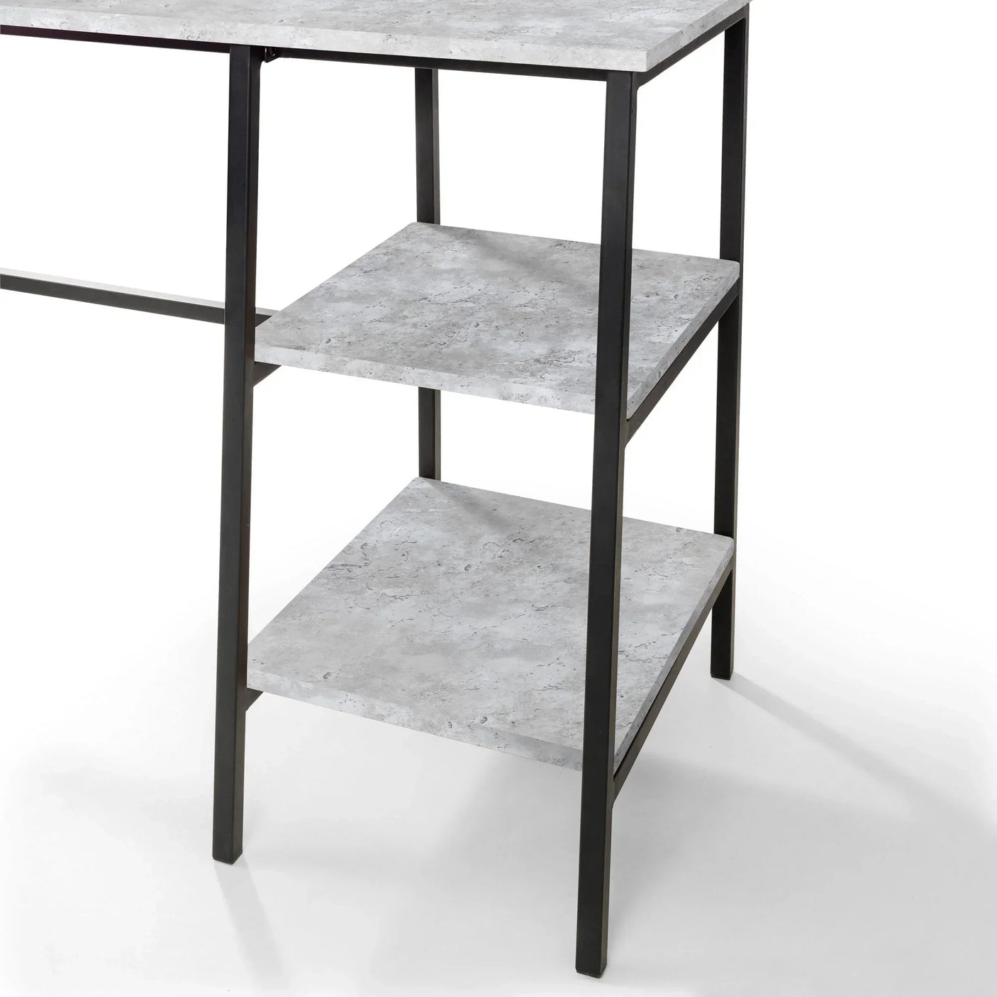 Concrete effect desk with black metal frame and two open side shelves