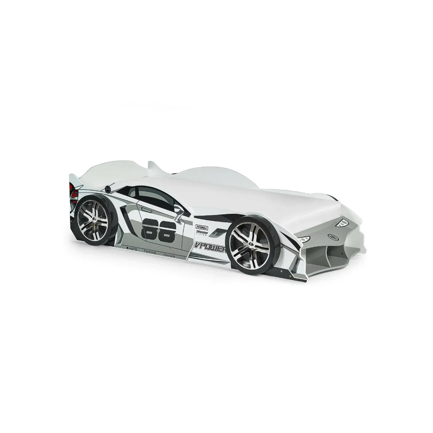 White racing car bed for kids with grey and black detailing and number 68 side view