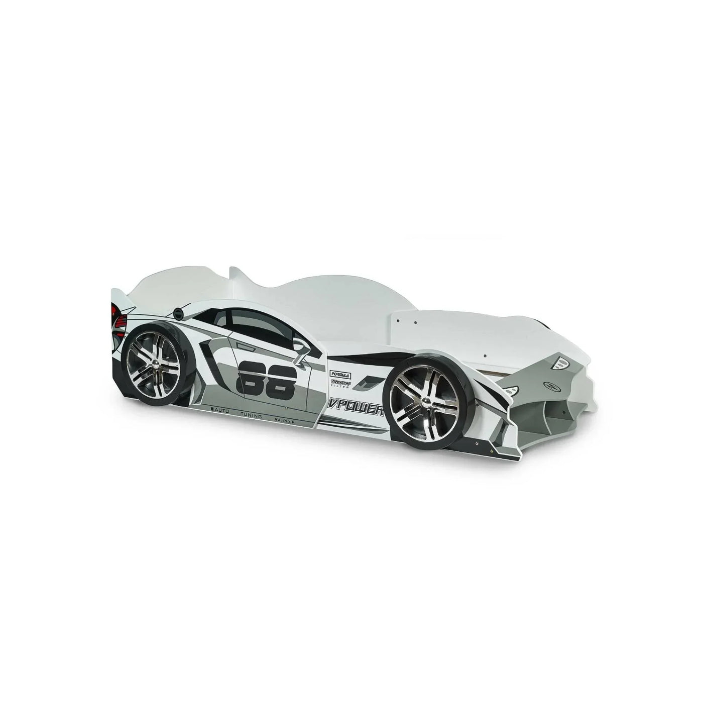 White car-shaped kids bed with sporty graphics and racing number 68 design