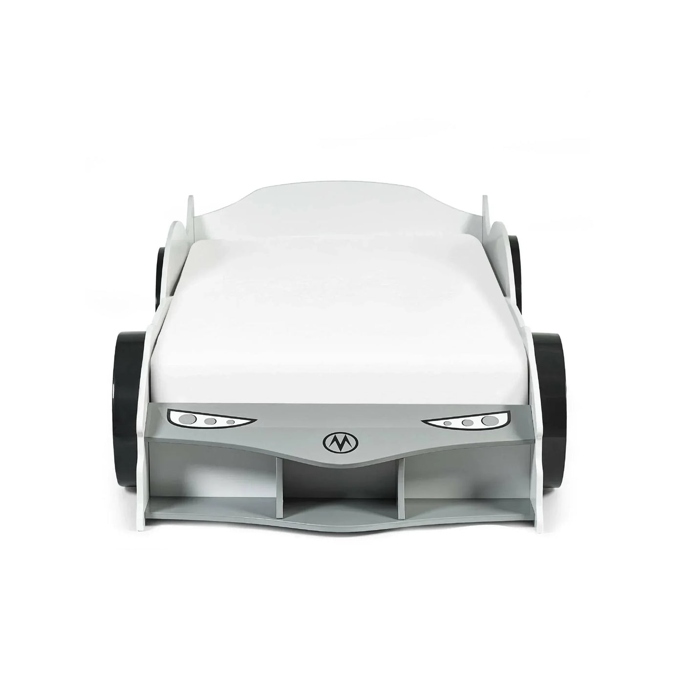 Grey car-shaped kids bed with black wheels and open storage at front, photographed from footboard