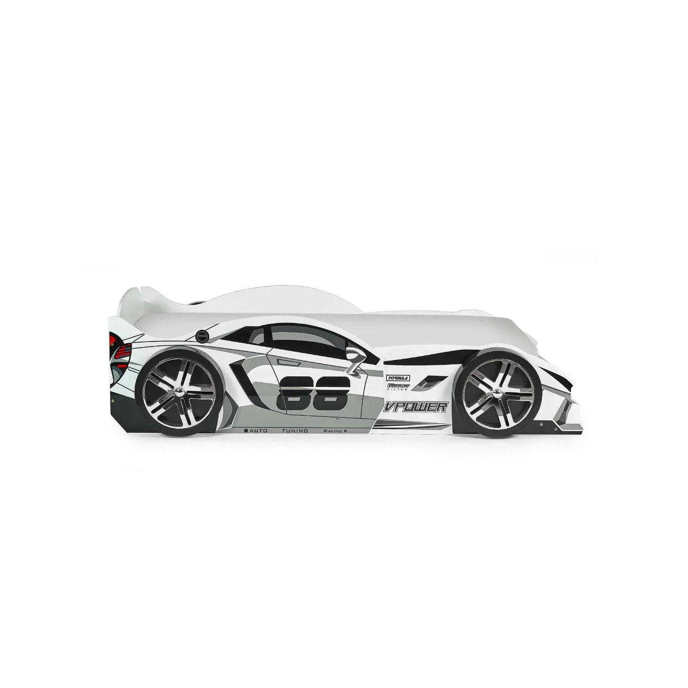 White car-shaped kids bed with racing decals and black alloy wheels, side view