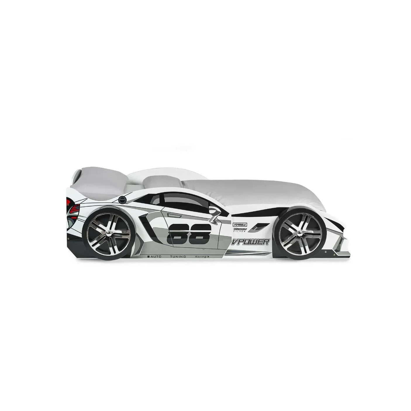 White car shaped kids bed with black racing decals and grey wheels, side view