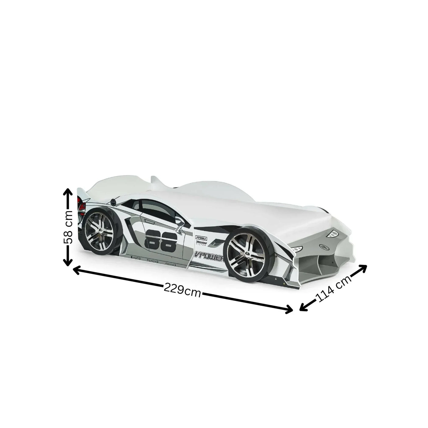 White car-shaped kids bed with printed wheels and measurements 229x114x58 cm